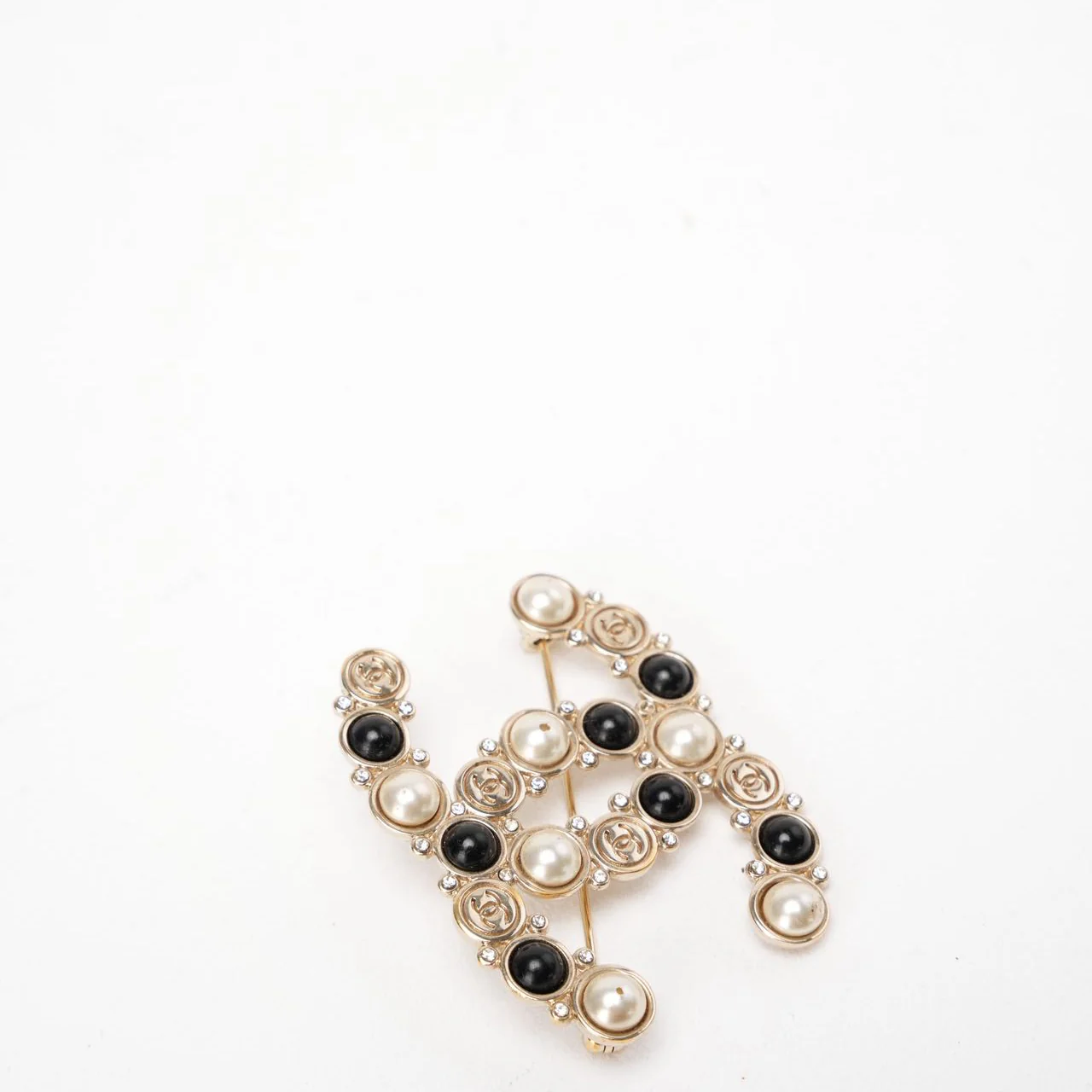 Chanel CC Brooch with Faux Pearls and Black Resin Beads