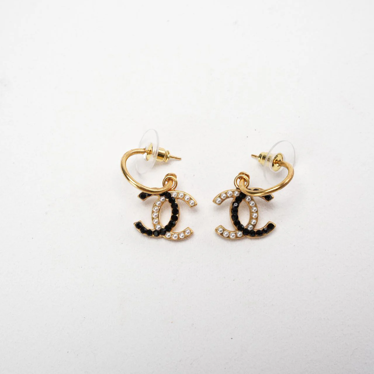 Chanel Faux Pearl/Black Gold Tone CC Earrings