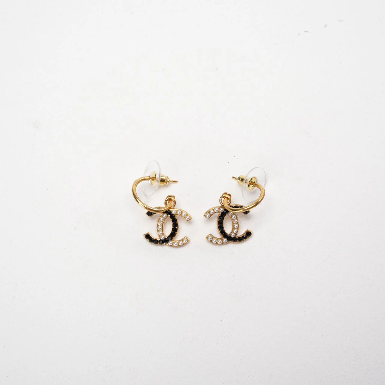 Chanel Faux Pearl/Black Gold Tone CC Earrings