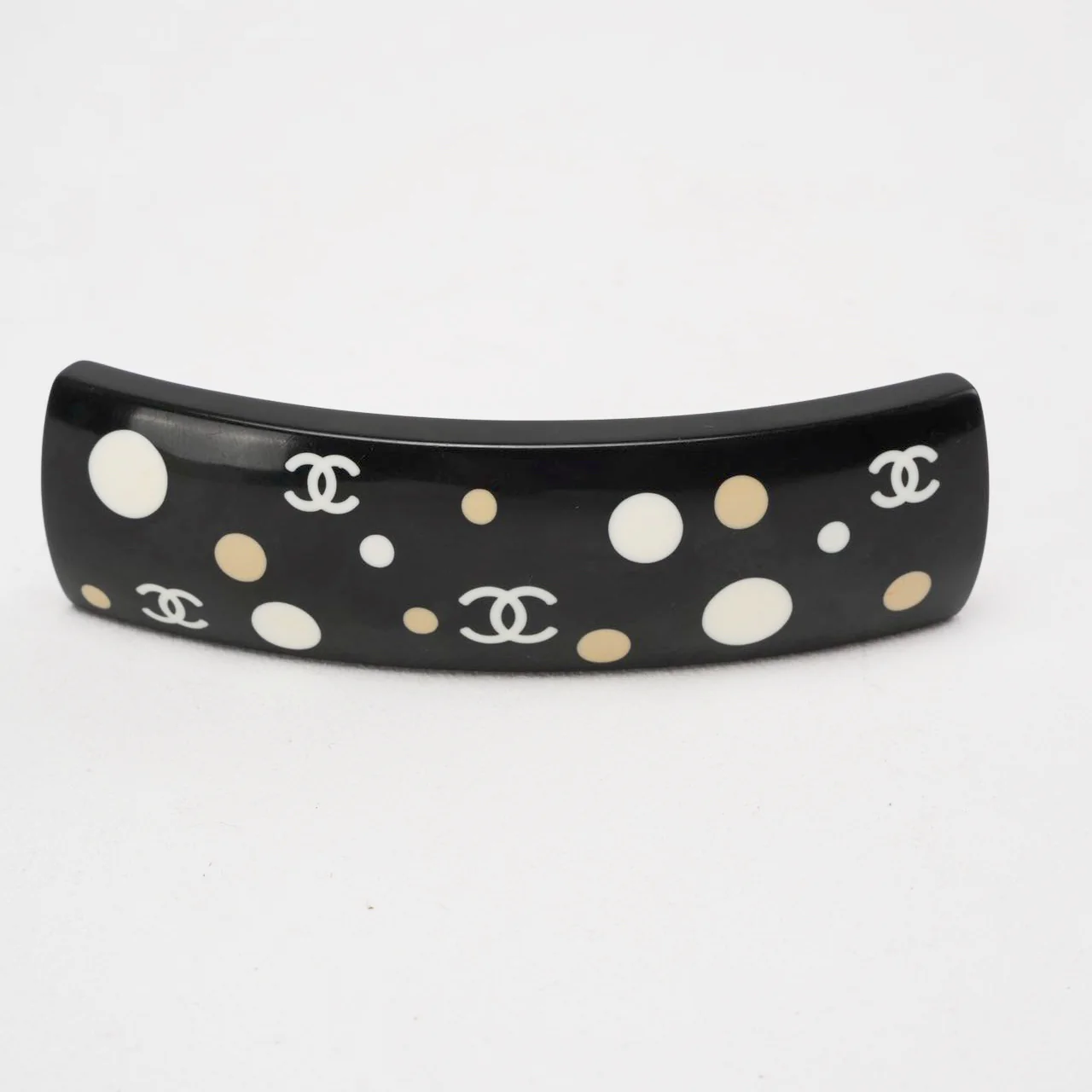 Chanel Vintage Black Ecru Polka Dot CC Logo Hair Clip