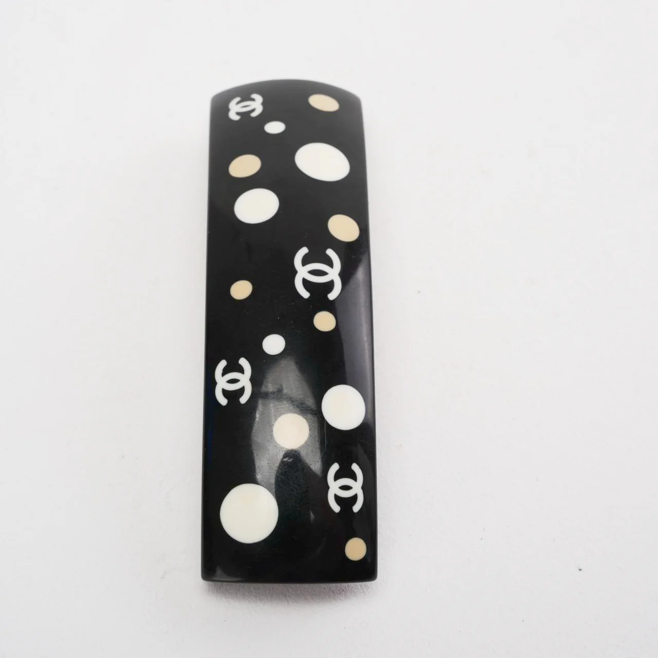 Chanel Vintage Black Ecru Polka Dot CC Logo Hair Clip