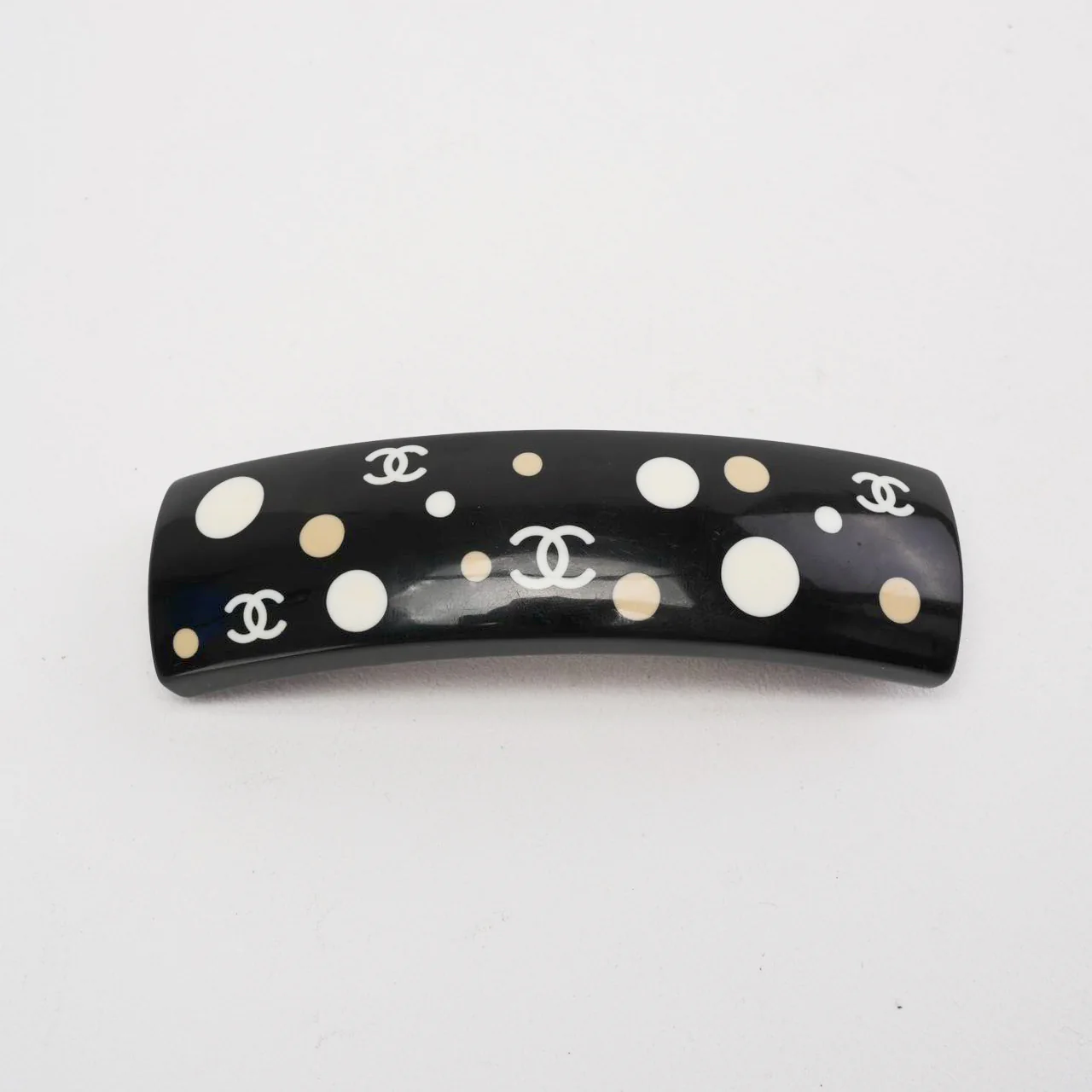 Chanel Vintage Black Ecru Polka Dot CC Logo Hair Clip