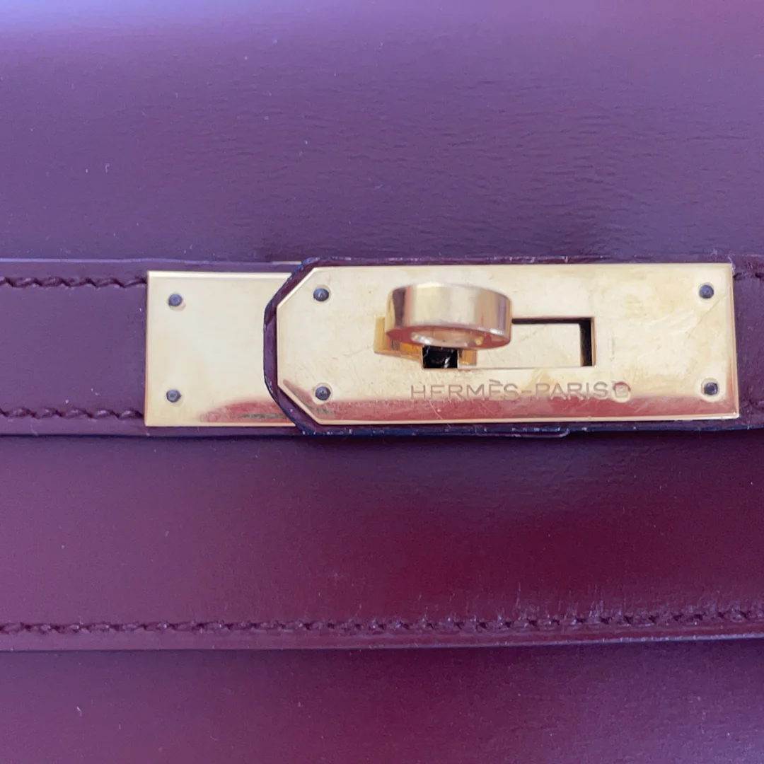 Hermes Vintgae Kelly 32 Burgundy Red Box Leather 1985