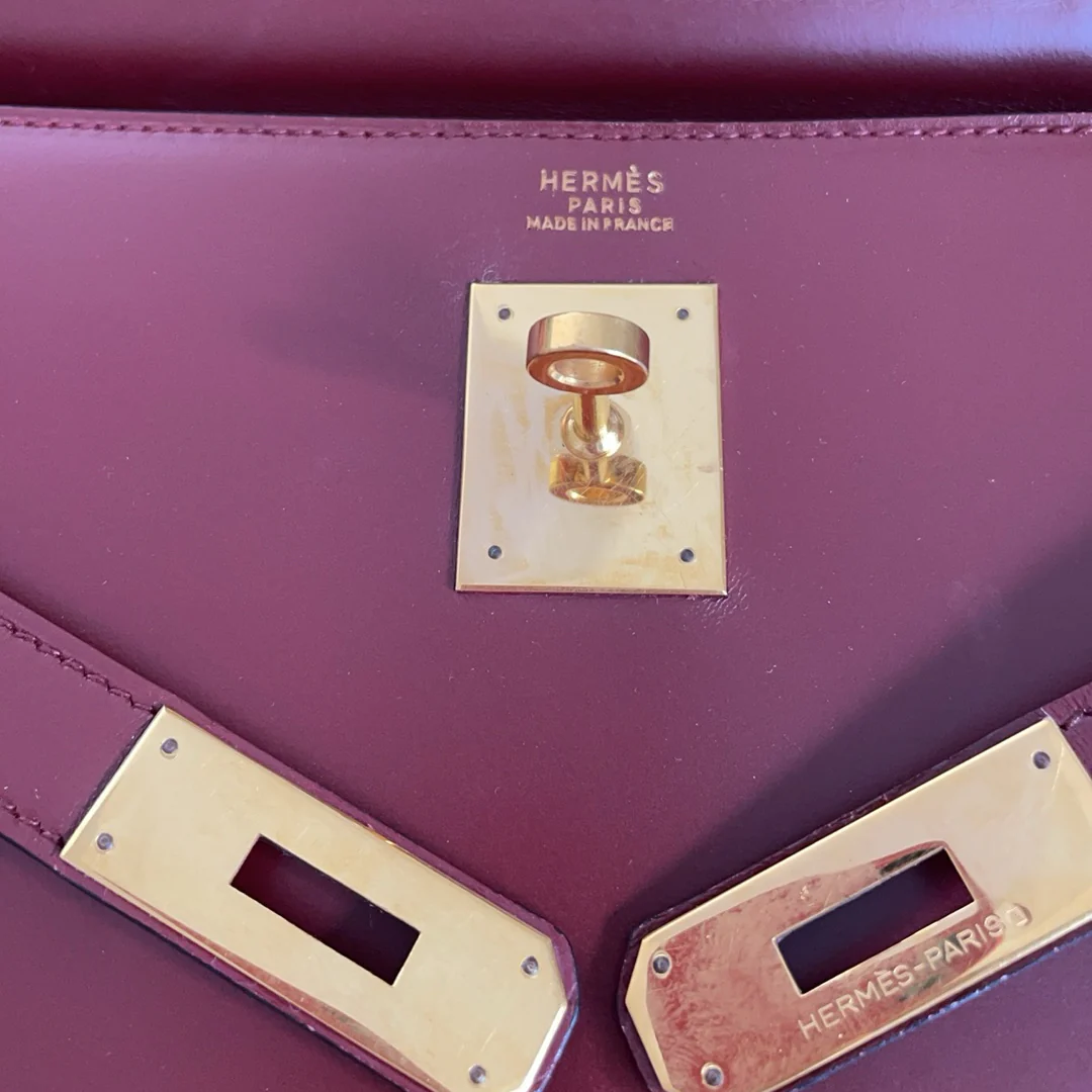 Hermes Vintgae Kelly 32 Burgundy Red Box Leather 1985