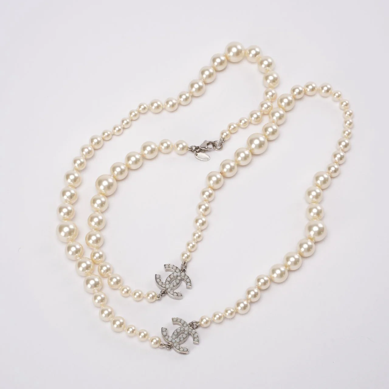 Chanel Classic 2 Gold CC White Bead Pearl Necklace
