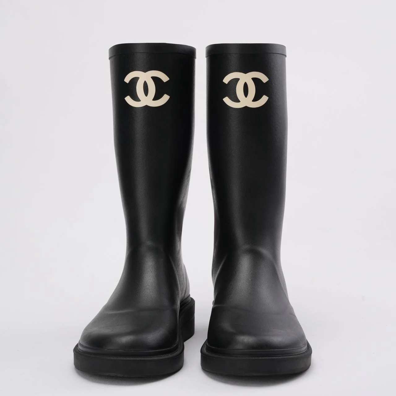Chanel Classic Rain Boots in Black / White With CC Logo 38