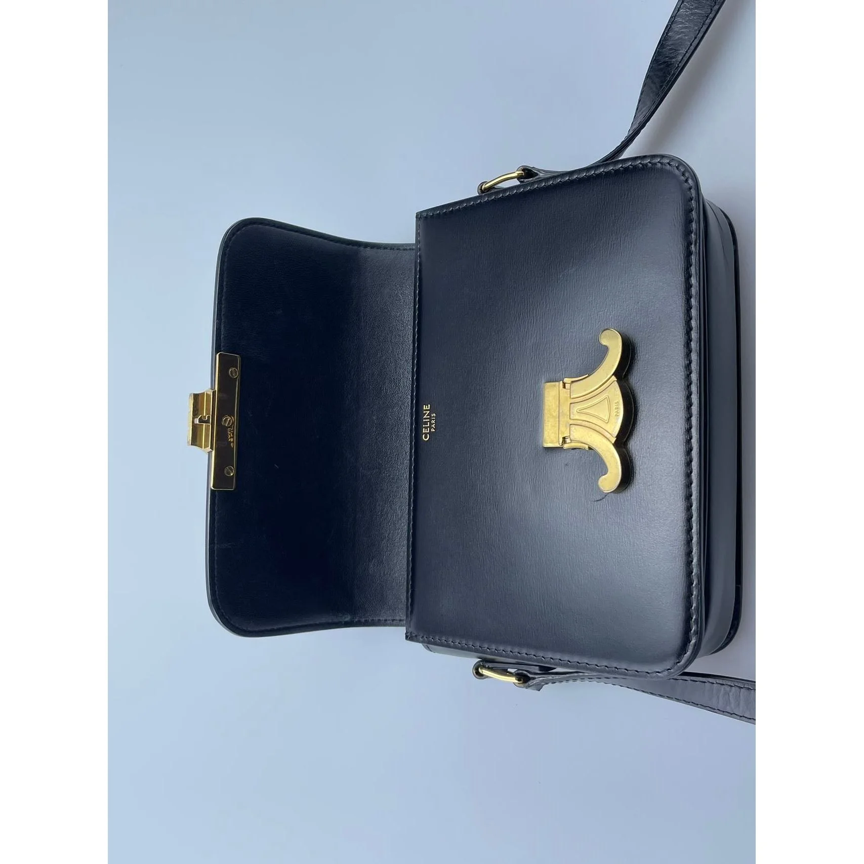 used-Celine Black Teen Triomphe Bag in Shiny Calfskin Leather with Gold Hardware-MILOURA