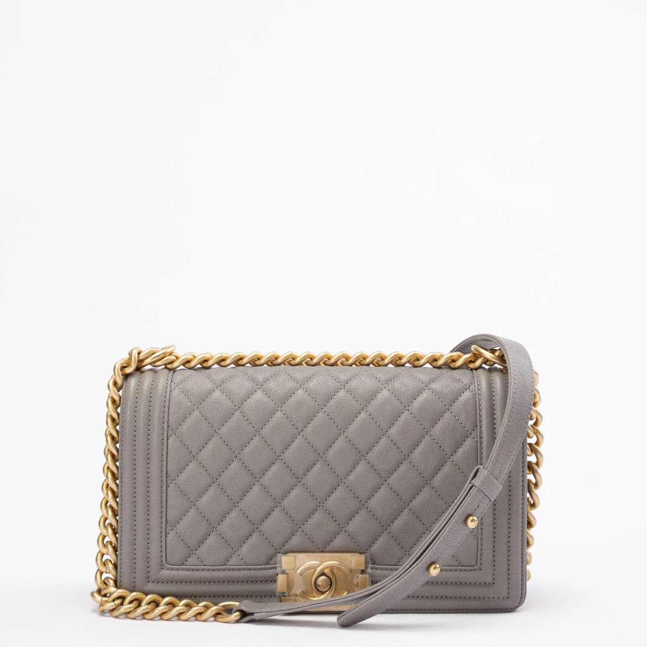 Chanel Boy Medium Grey Flap Bag Quilted Caviar 2019