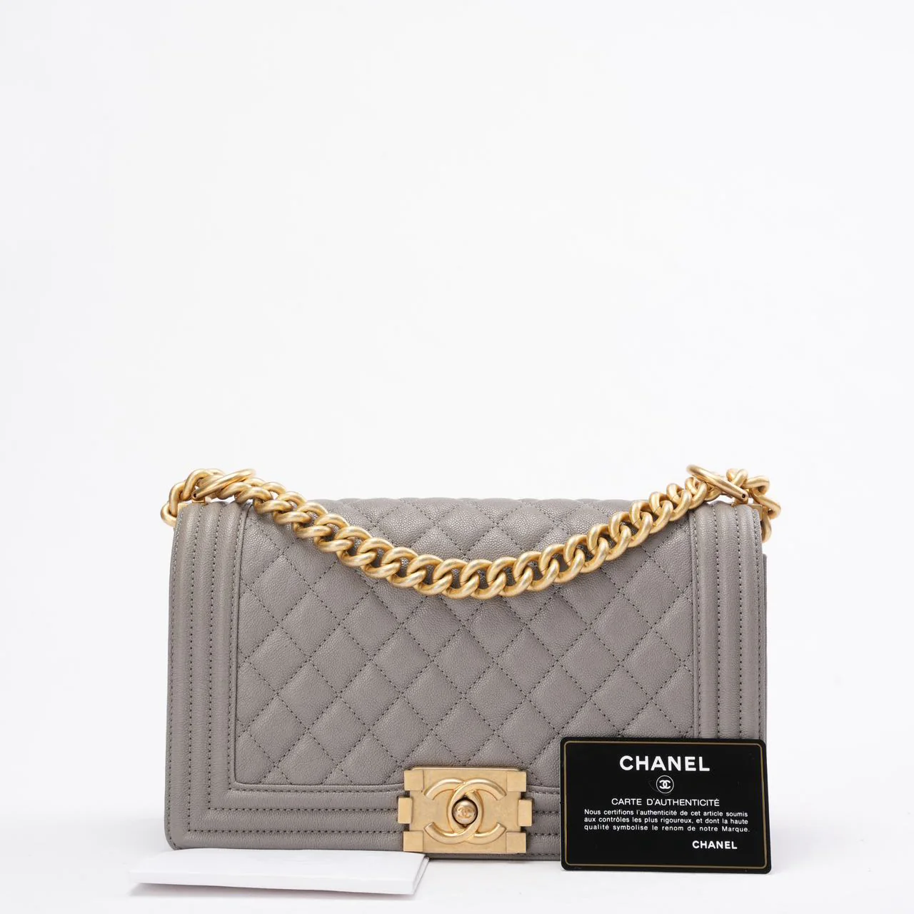 Chanel Boy Medium Grey Flap Bag Quilted Caviar 2019