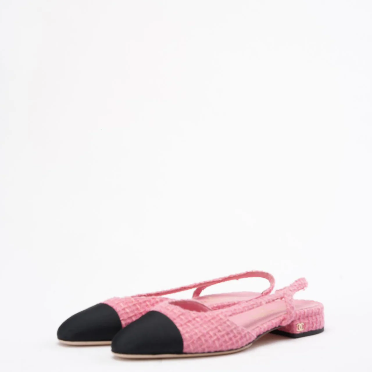 Chanel Pink/Black Tweed Cap Toe CC Slingback Pumps 38C