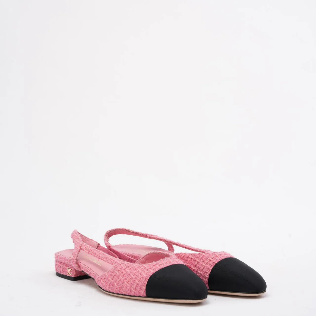 Chanel Pink/Black Tweed Cap Toe CC Slingback Pumps 38C