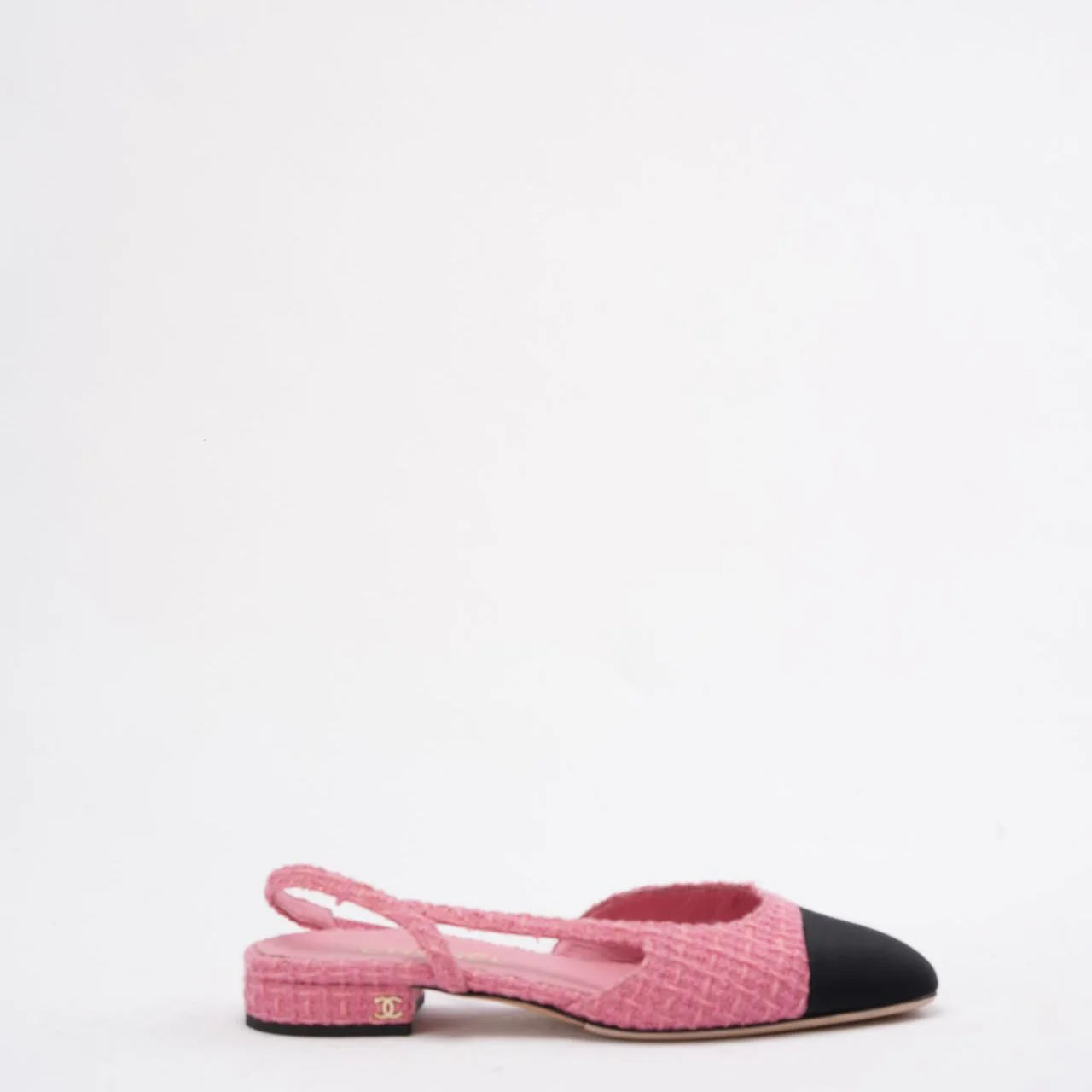 Chanel Pink/Black Tweed Cap Toe CC Slingback Pumps 38C