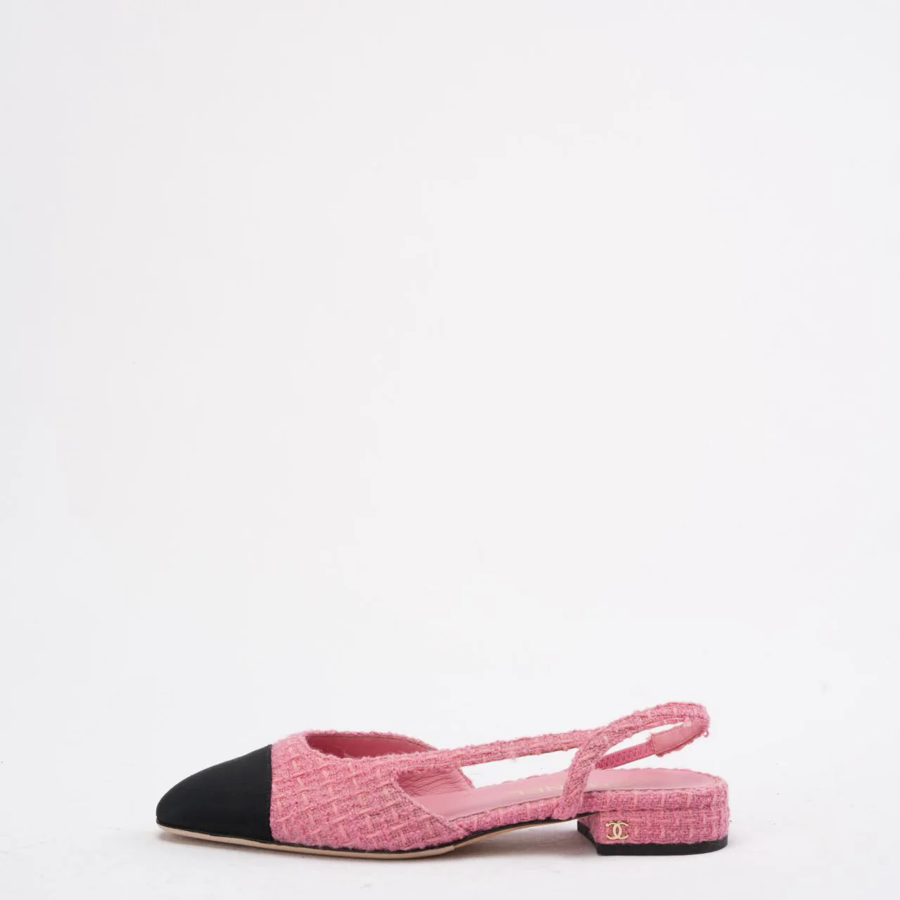 Chanel Pink/Black Tweed Cap Toe CC Slingback Pumps 38C