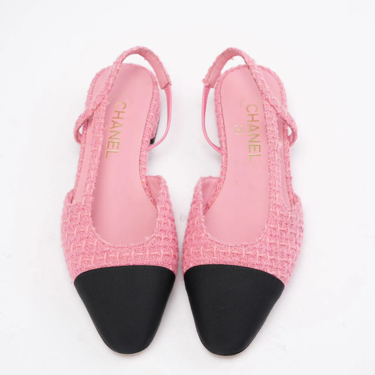 Chanel Pink/Black Tweed Cap Toe CC Slingback Pumps 38C