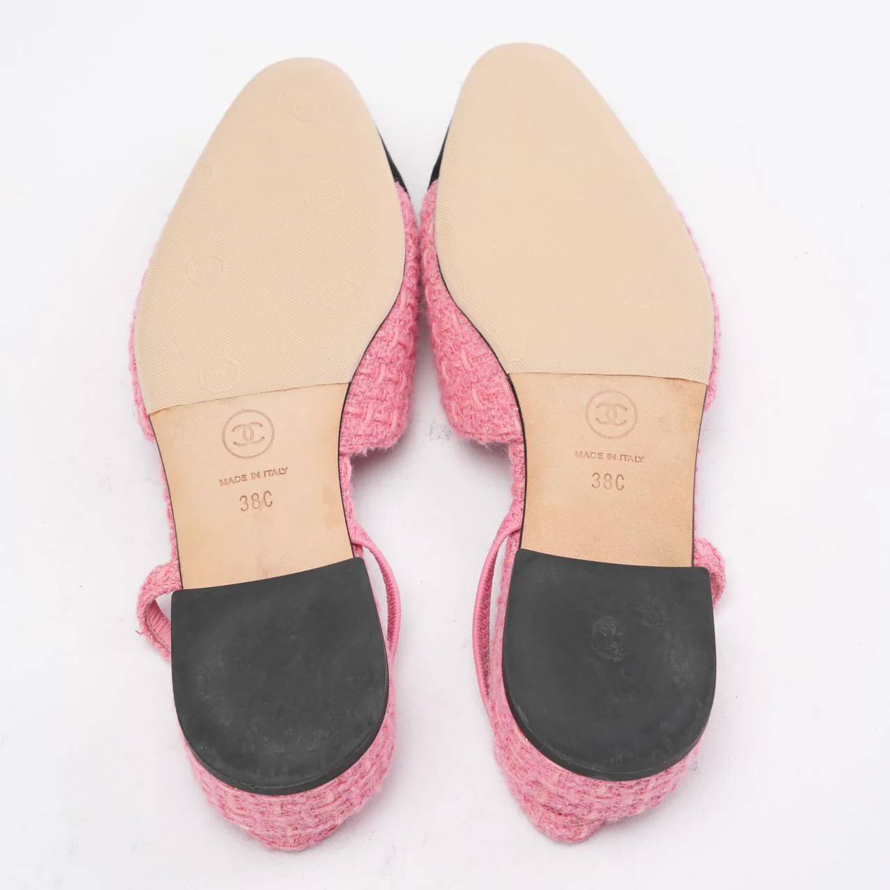 Chanel Pink/Black Tweed Cap Toe CC Slingback Pumps 38C