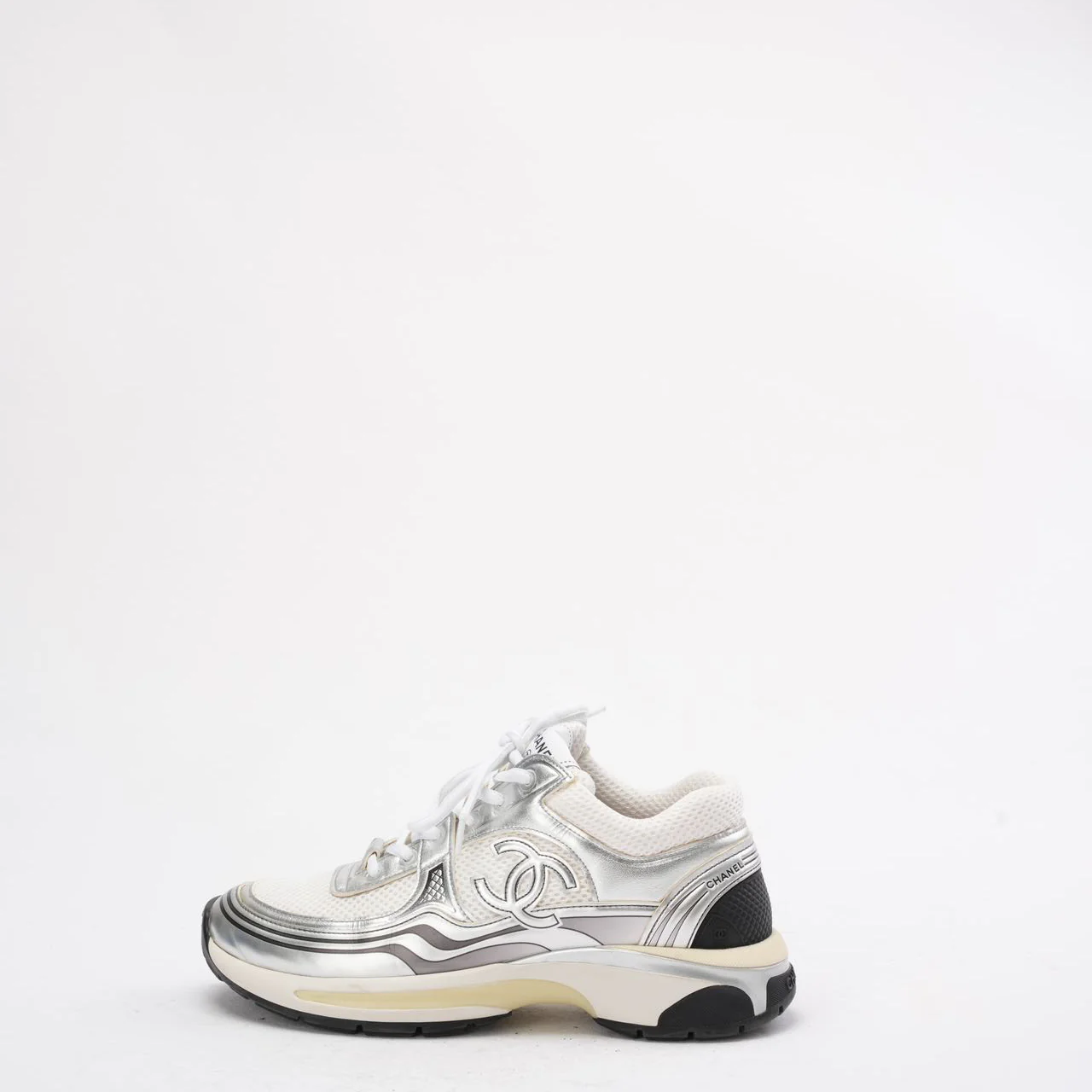 Chanel CC Logo Sneaker in White and Silver 38.5
