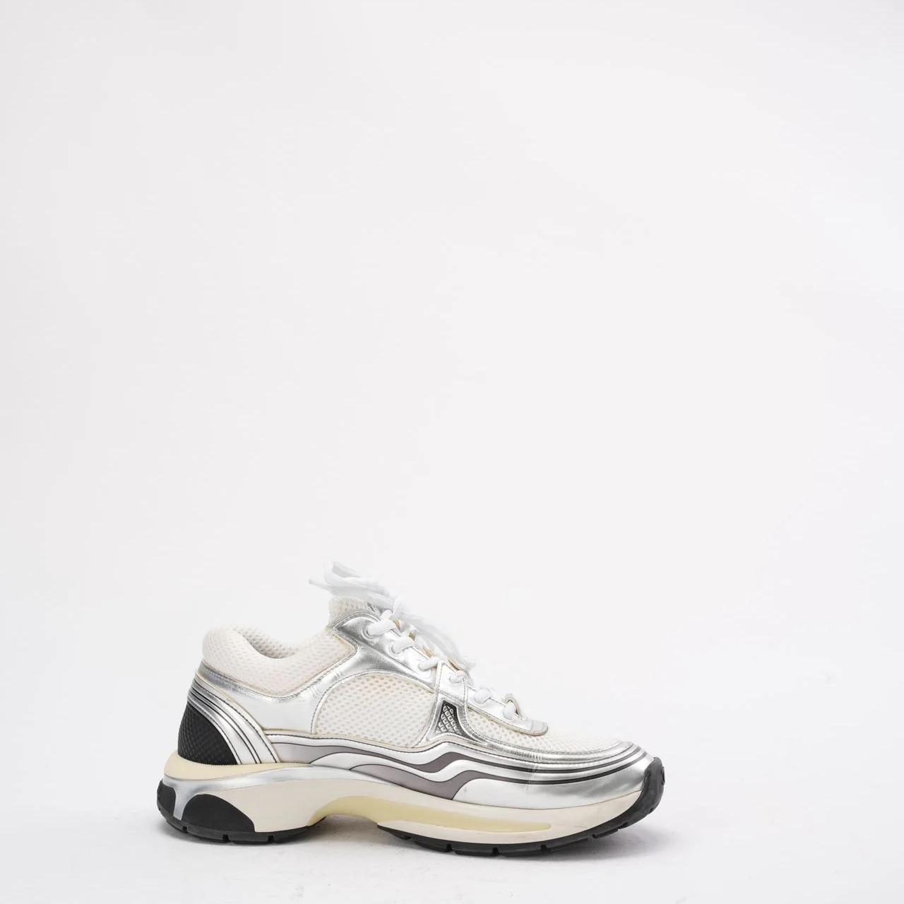 Chanel CC Logo Sneaker in White and Silver 38.5