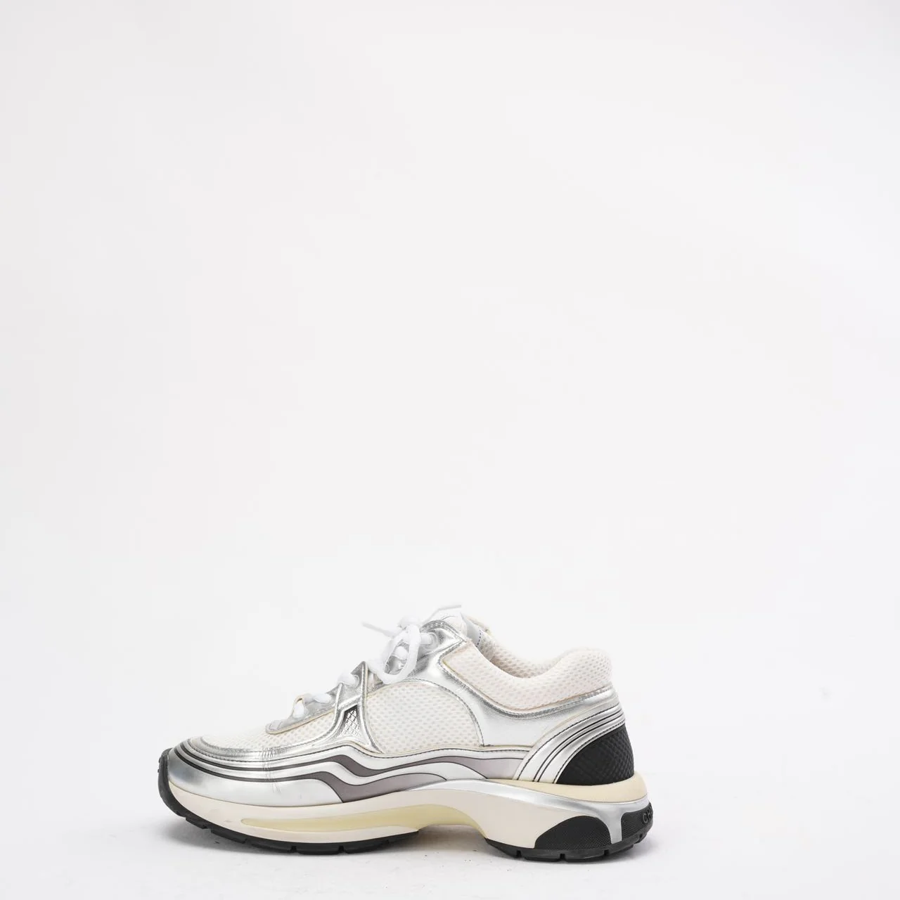 Chanel CC Logo Sneaker in White and Silver 38.5