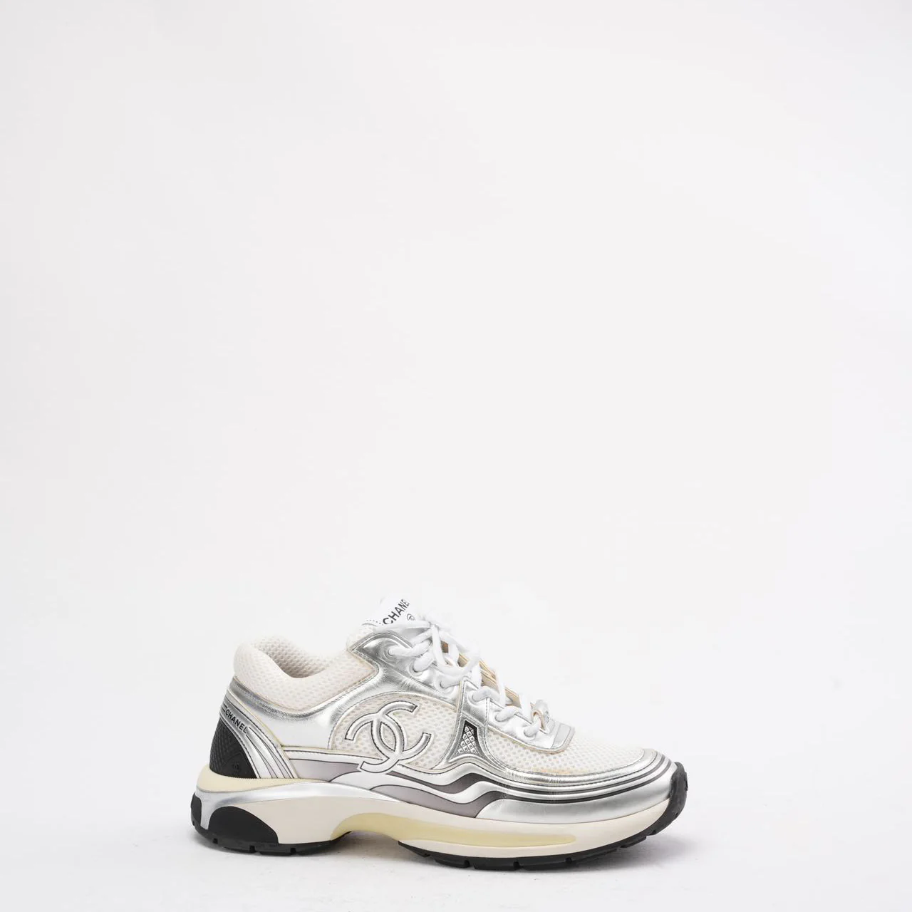 Chanel CC Logo Sneaker in White and Silver 38.5