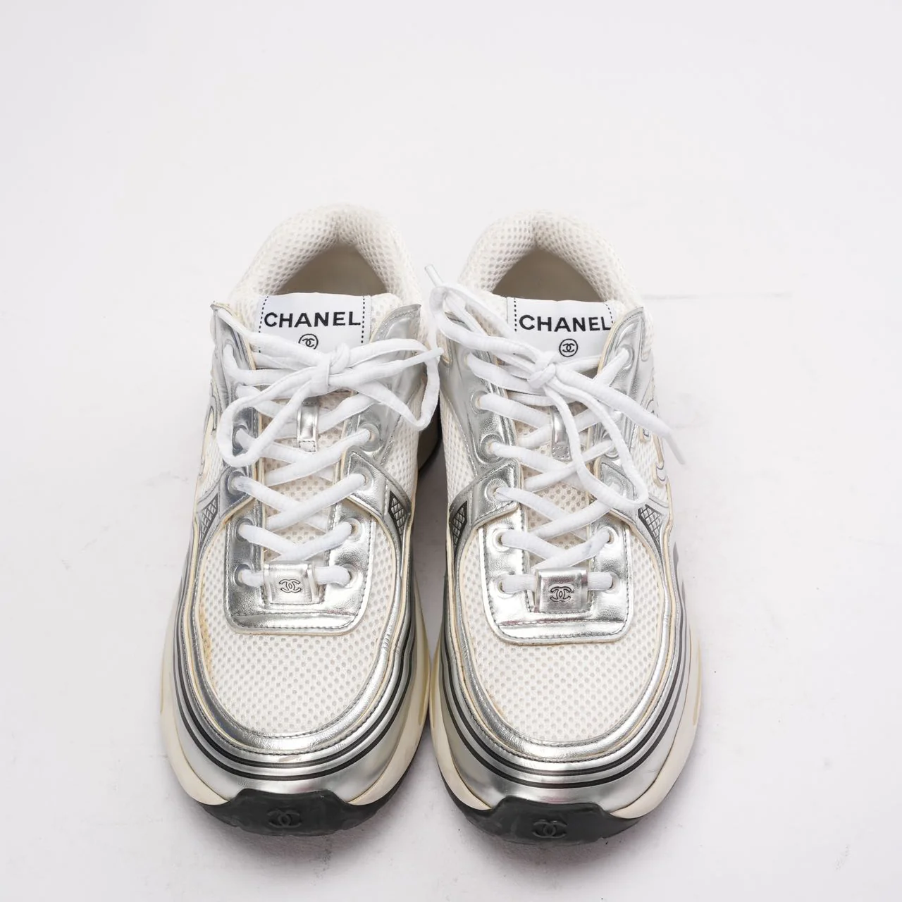 Chanel CC Logo Sneaker in White and Silver 38.5