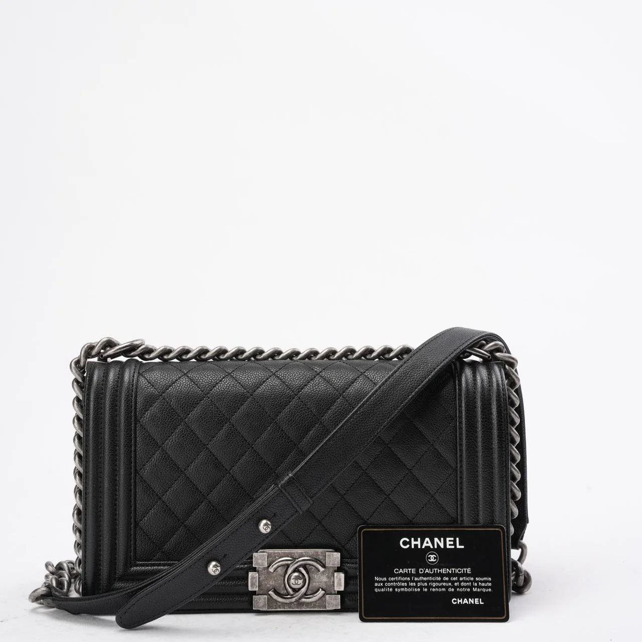 Chanel Boy Medium Black Flap Bag Quilted Caviar 2017