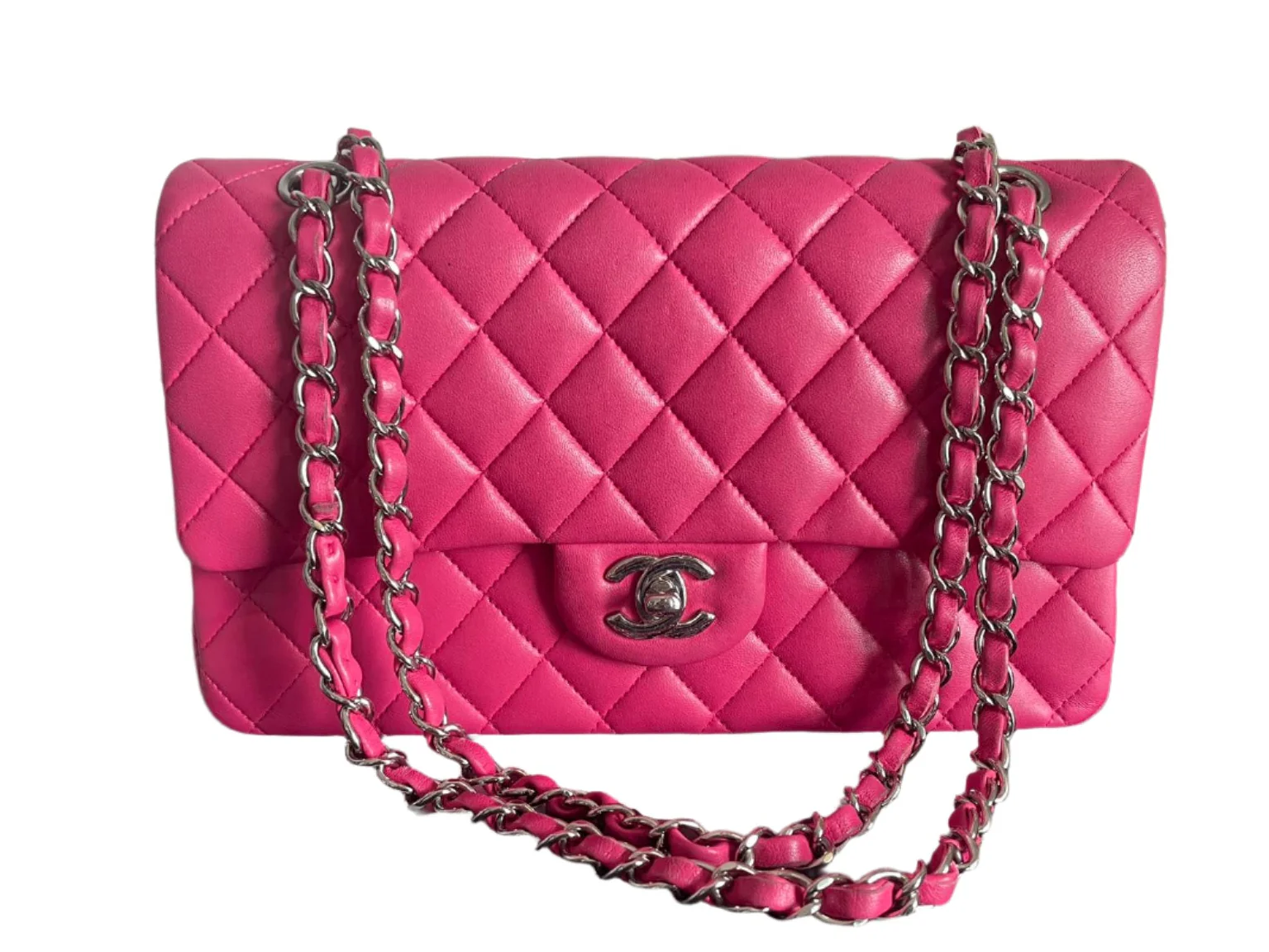 Chanel Timeless Classic Medium Double Flap Bag Hot Pink Lambskin with Silver Hardware Front 