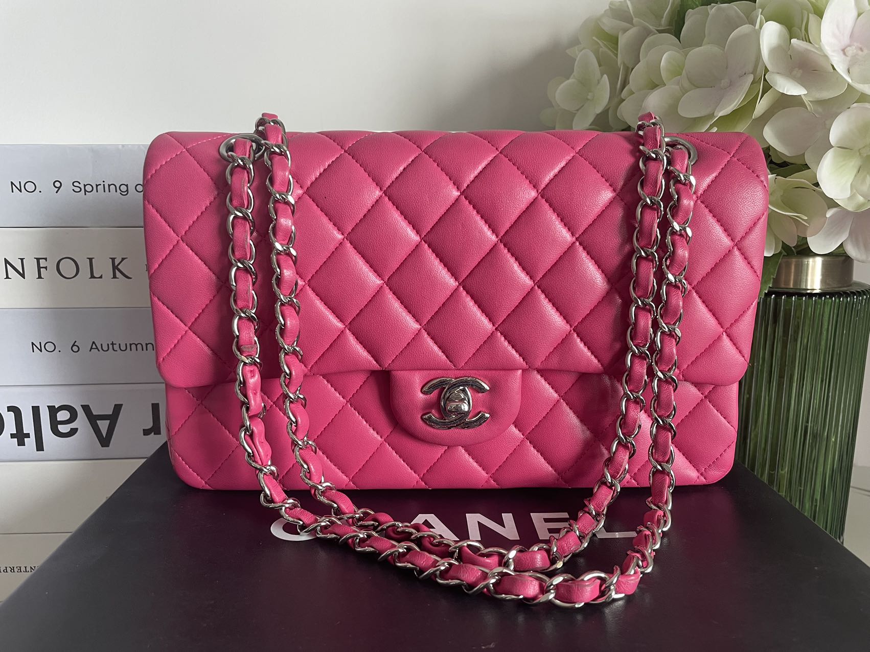 Chanel Timeless Classic Medium Double Flap Bag Hot Pink Lambskin with Silver Hardware