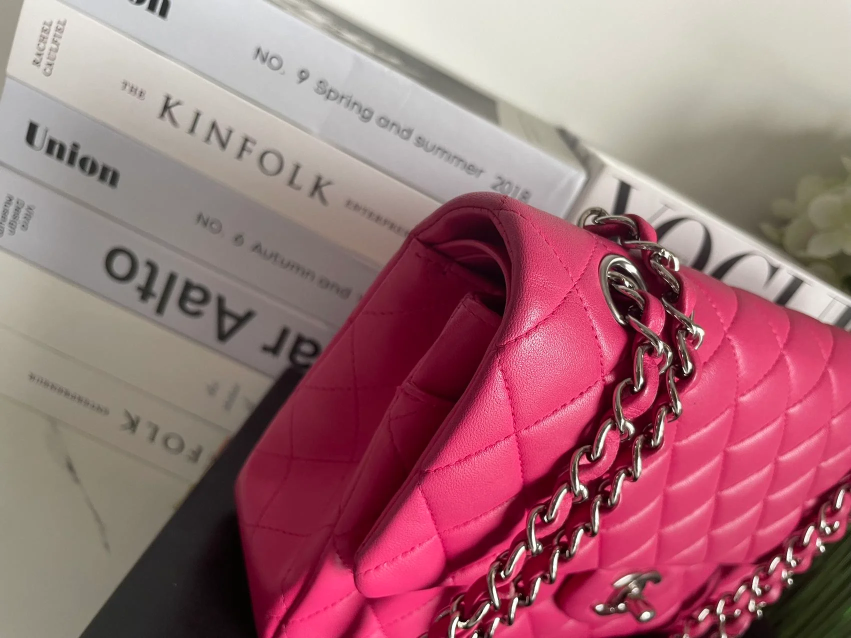 Chanel Timeless Classic Medium Double Flap Bag Hot Pink Lambskin with Silver Hardware Side