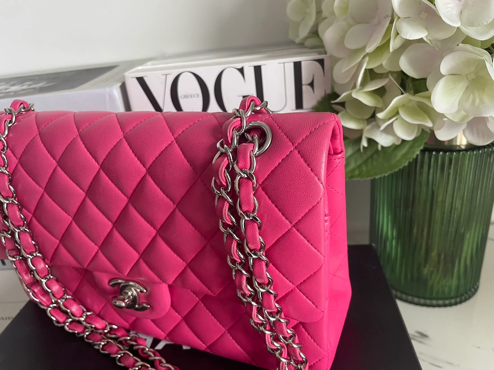 Chanel Timeless Classic Medium Double Flap Bag Hot Pink Lambskin with Silver Hardware Side