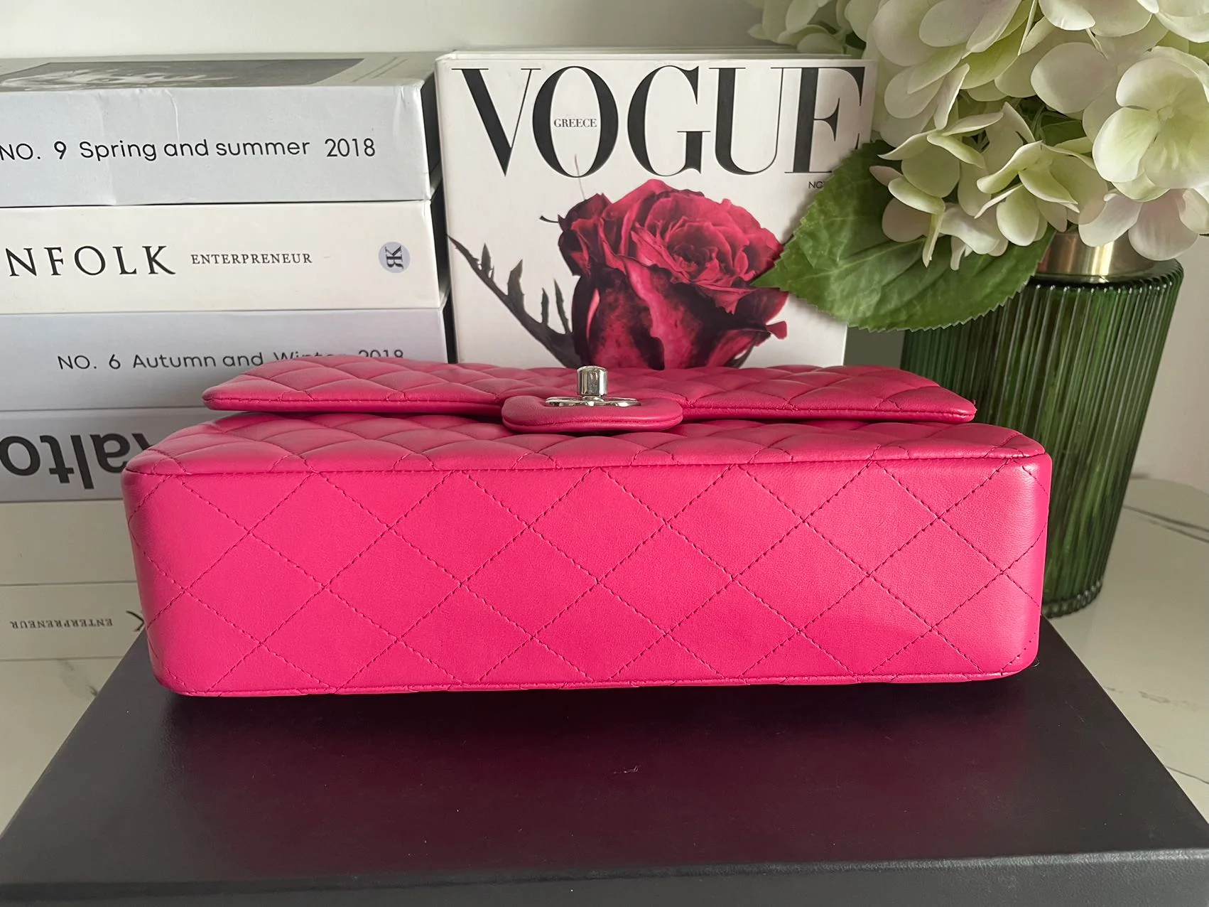 Chanel Timeless Classic Medium Double Flap Bag Hot Pink Lambskin with Silver Hardware Bottom 