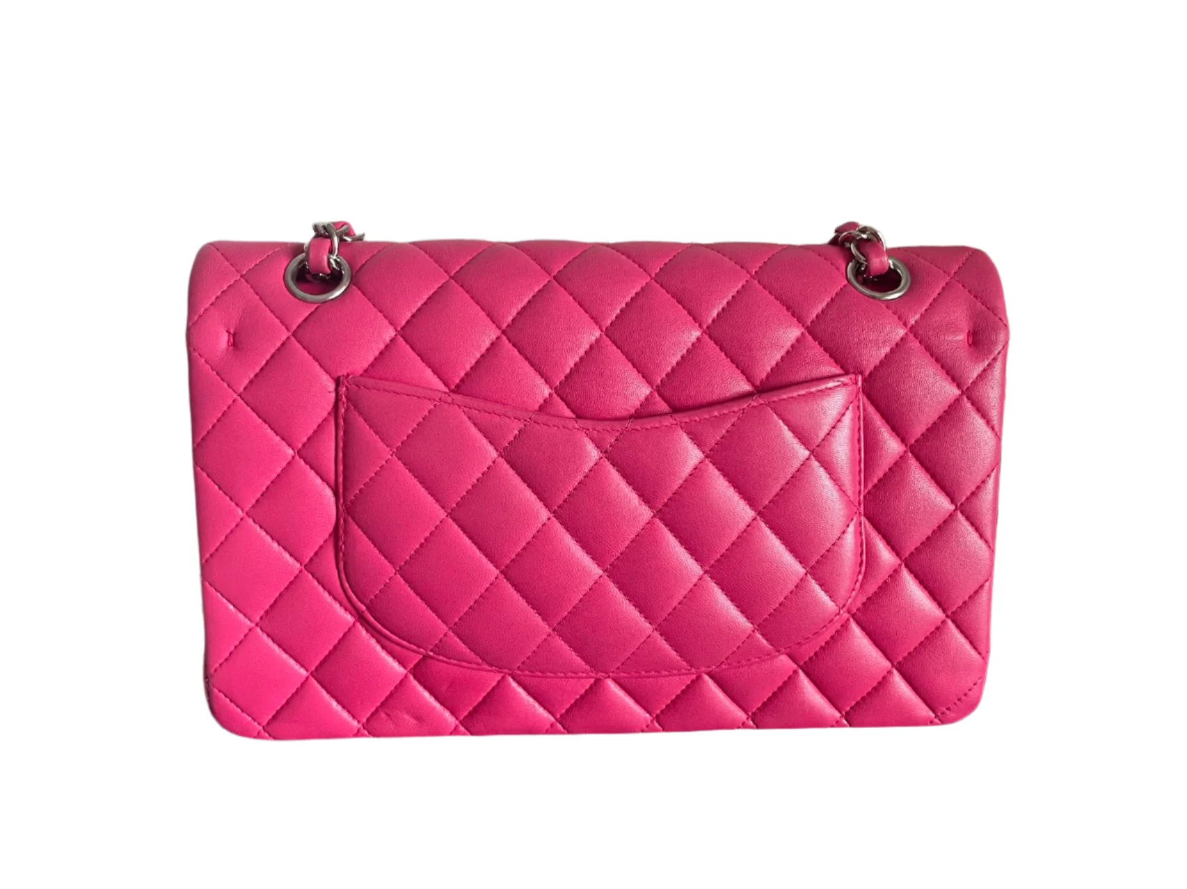 Chanel Timeless Classic Medium Double Flap Bag Hot Pink Lambskin with Silver Hardware Back