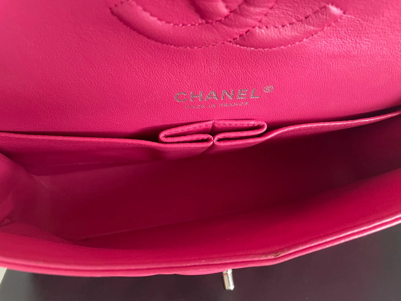 Chanel Timeless Classic Medium Double Flap Bag Hot Pink Lambskin with Silver Hardware Inside