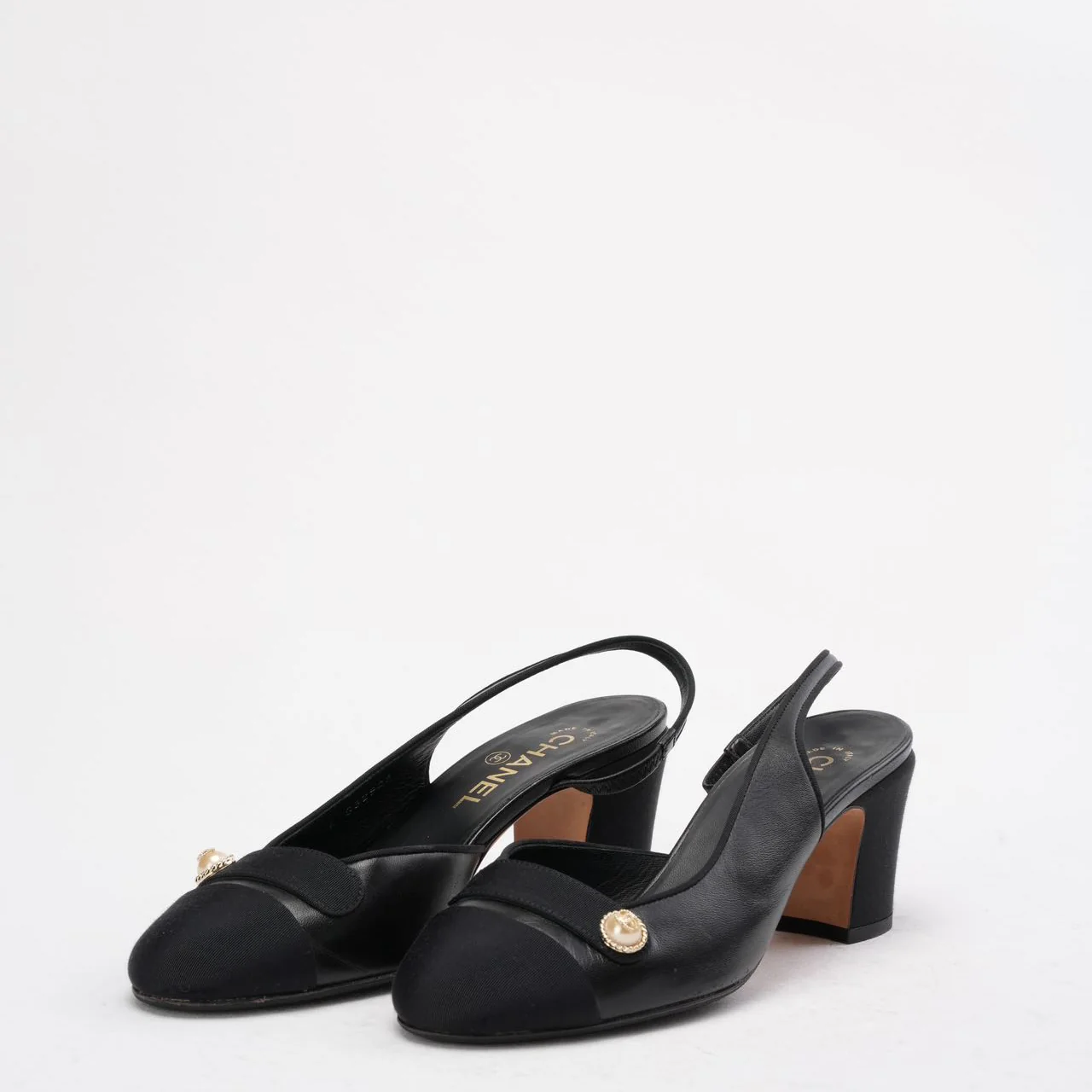 Chanel Black Suede & Leather CC Slingback Pumps 39C