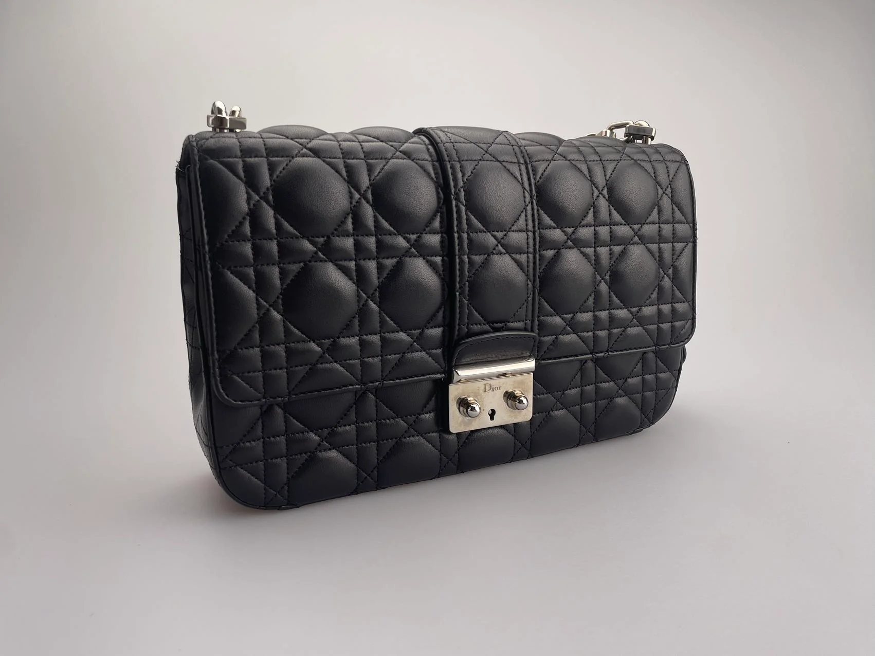 Dior Miss Dior Shoulder Bag in Black Lambskin Leather with Silver Hardware Side