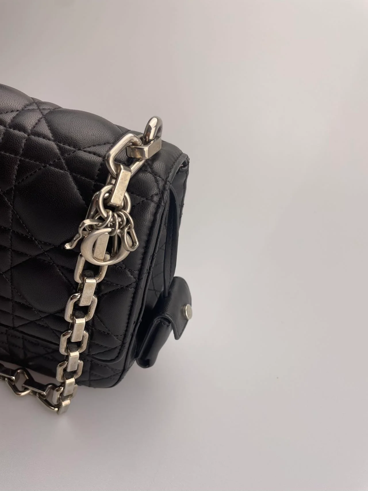 Dior Miss Dior Shoulder Bag in Black Lambskin Leather with Silver Hardware Side
