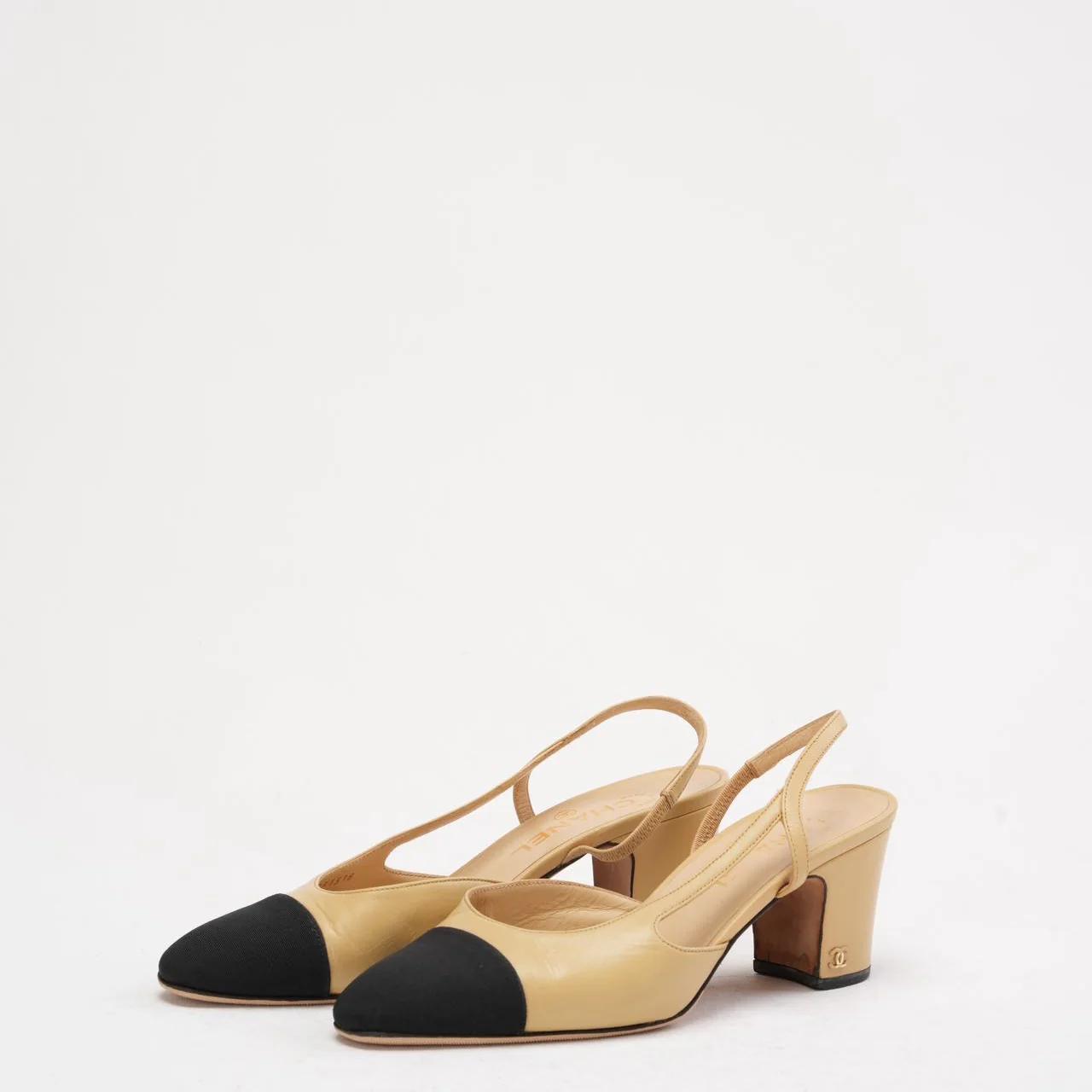 Chanel Black / Beige Cap Toe Slingback 38C