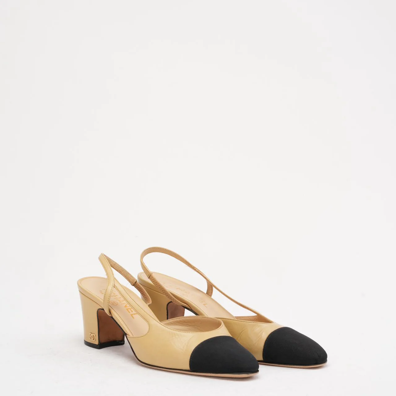 Chanel Black / Beige Cap Toe Slingback 38C