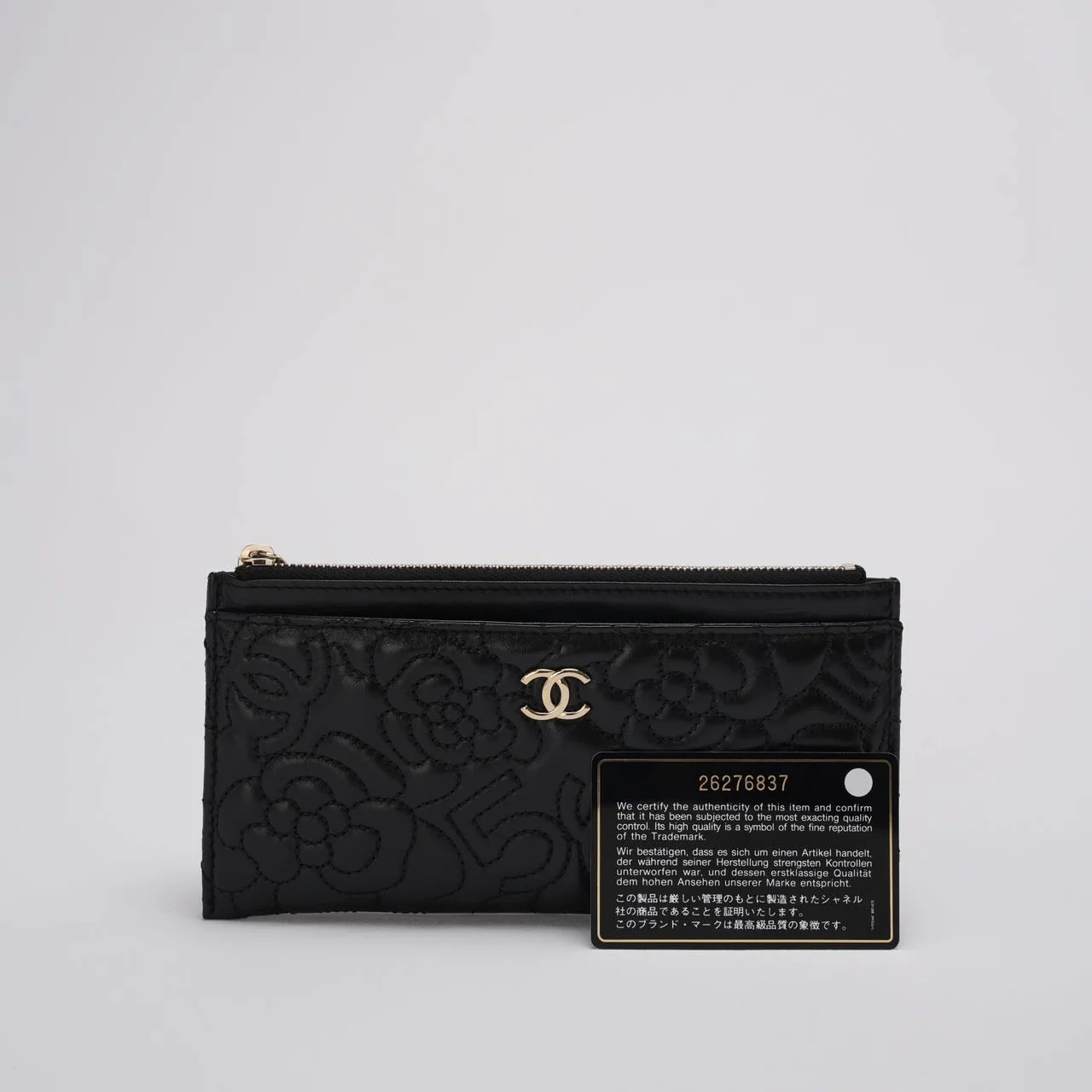 Chanel Camellia Quilted Lambskin Leather Black Zip Pouch