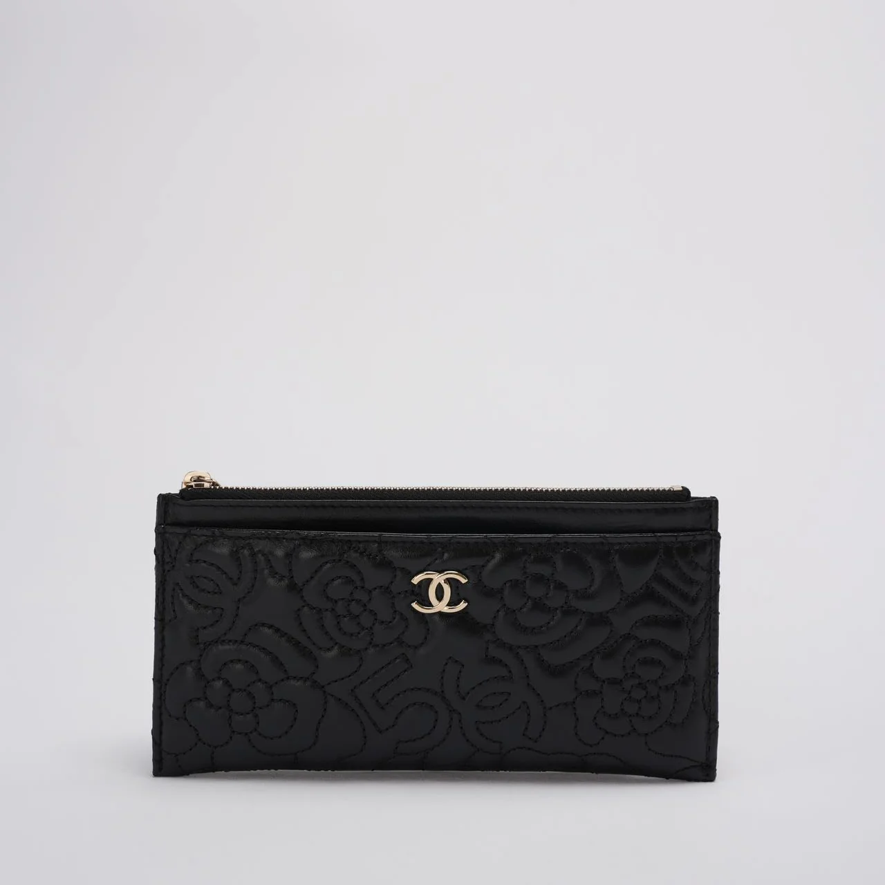 Chanel Camellia Quilted Lambskin Leather Black Zip Pouch