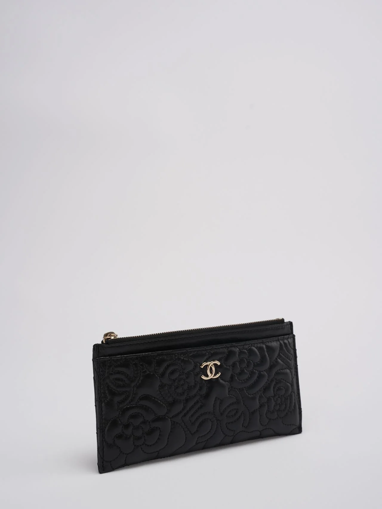 Chanel Camellia Quilted Lambskin Leather Black Zip Pouch
