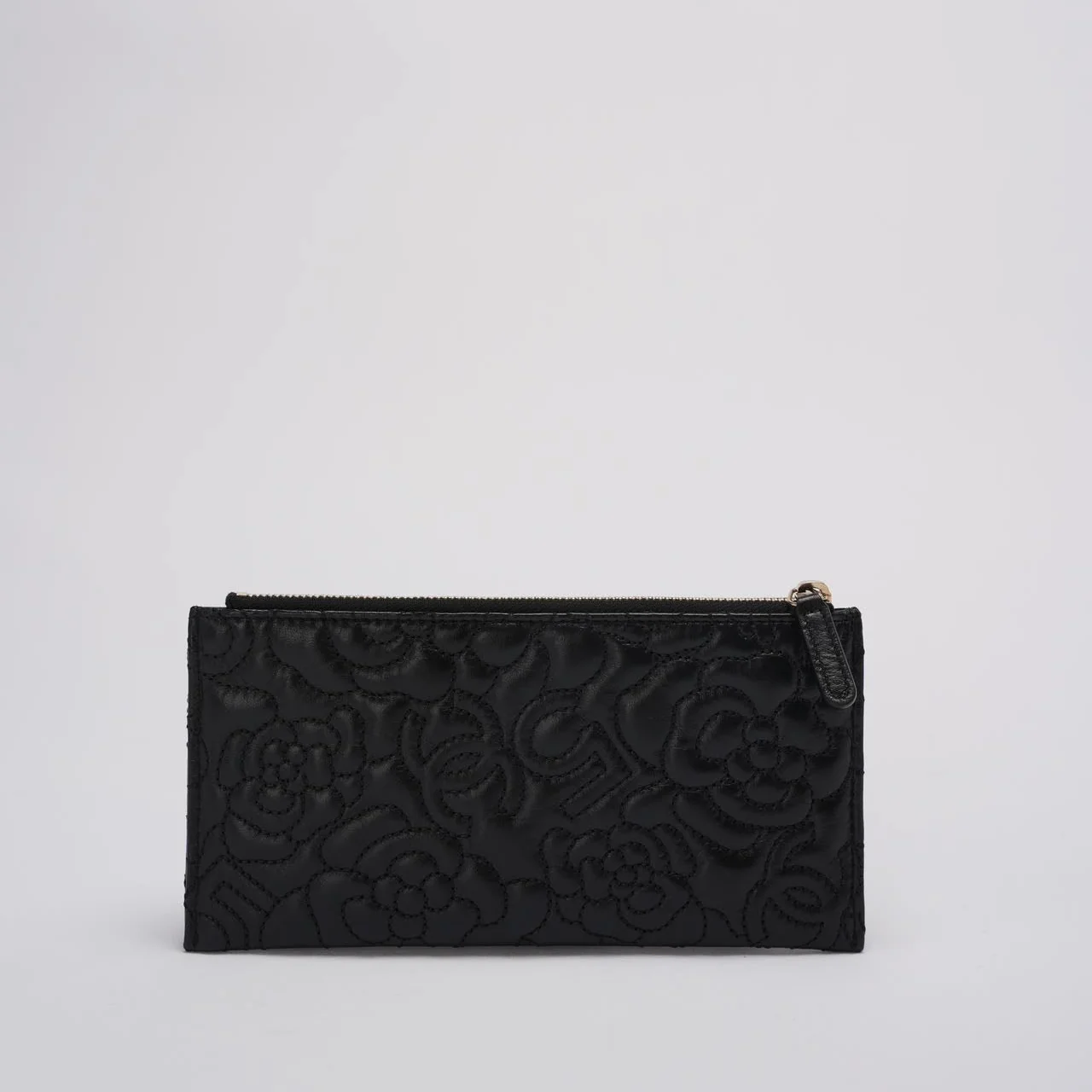 Chanel Camellia Quilted Lambskin Leather Black Zip Pouch
