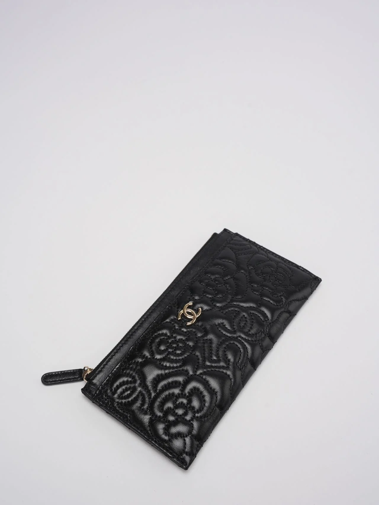 Chanel Camellia Quilted Lambskin Leather Black Zip Pouch