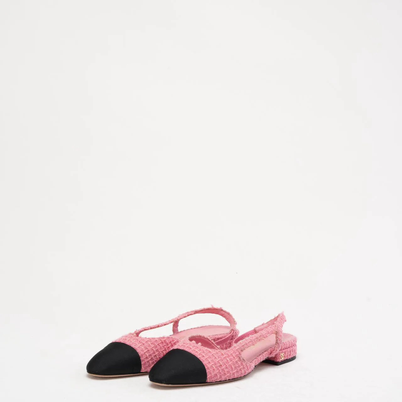 Chanel Pink/Black Tweed Cap Toe CC Slingback Pumps 37