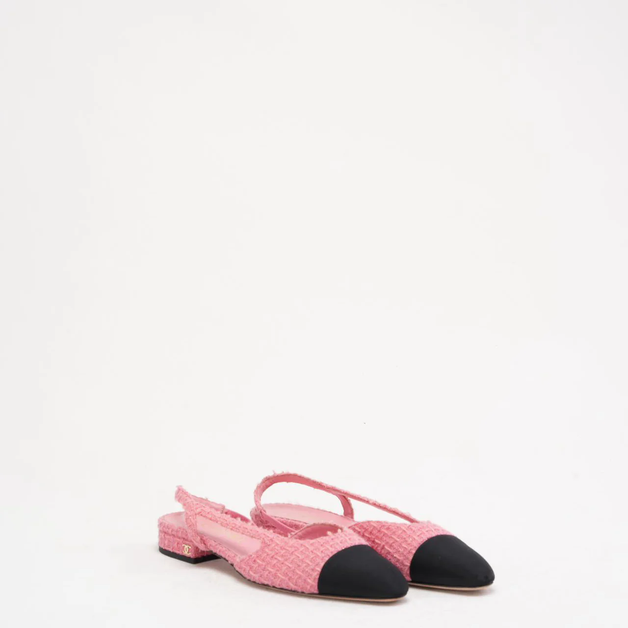 Chanel Pink/Black Tweed Cap Toe CC Slingback Pumps 37