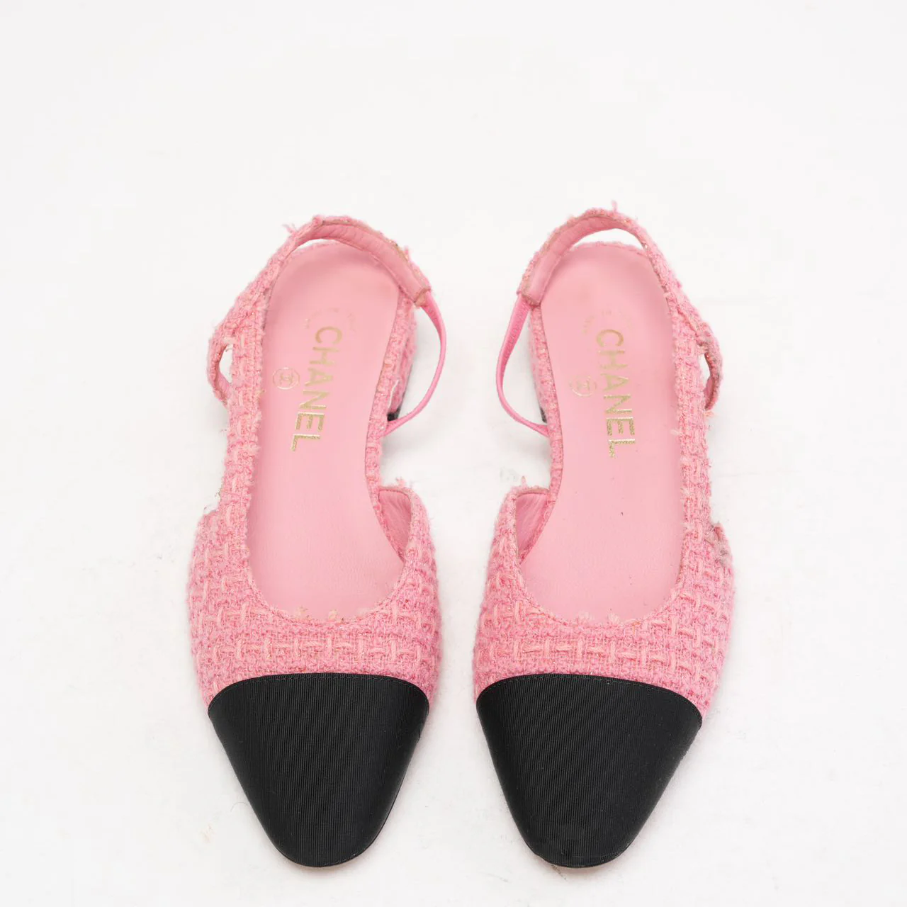 Chanel Pink/Black Tweed Cap Toe CC Slingback Pumps 37
