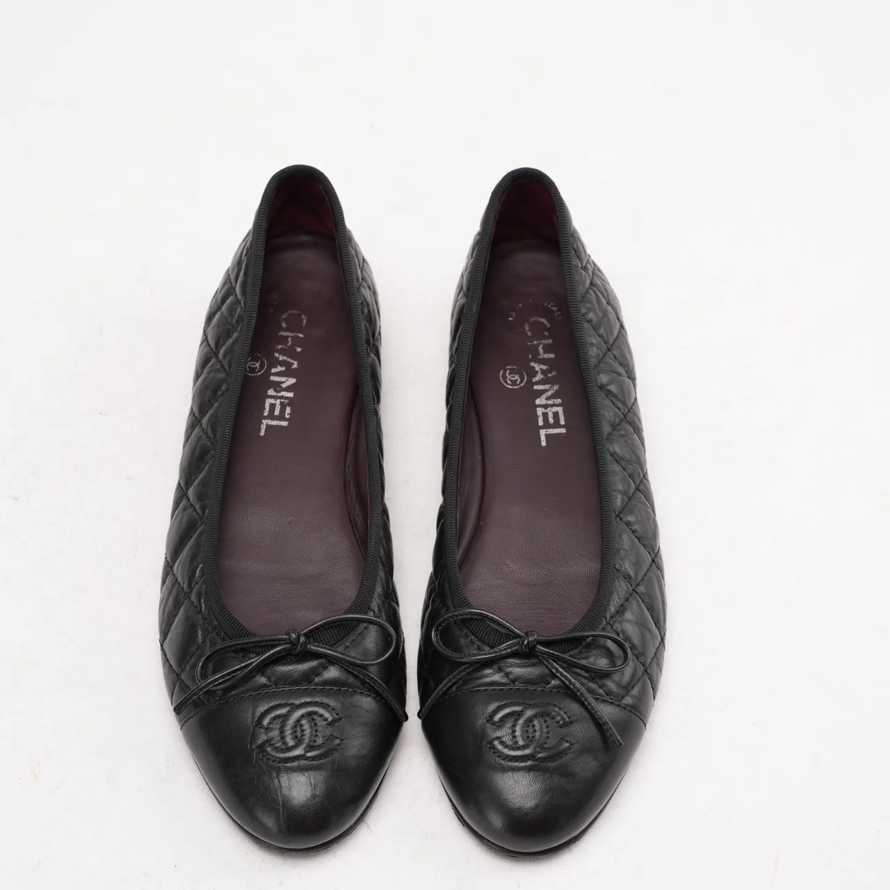 Chanel Black Quilted Leather CC Bow Ballet Flats Size 38
