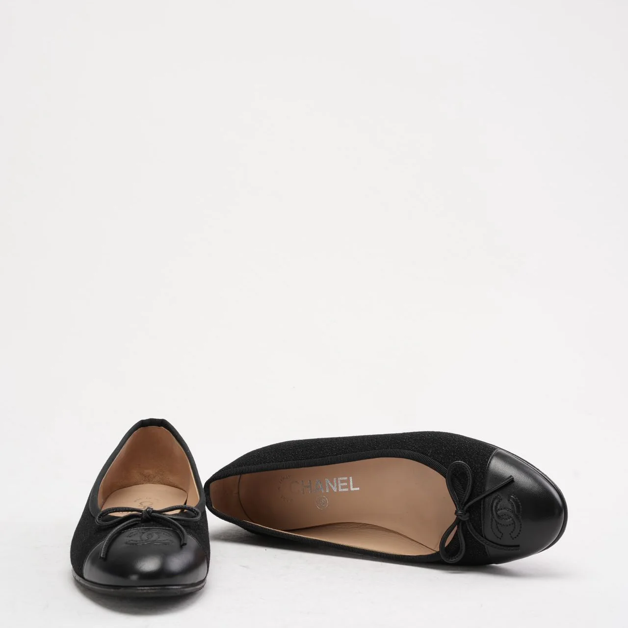 Chanel CC Black Suede and Patent Leather Ballet Flat 38C