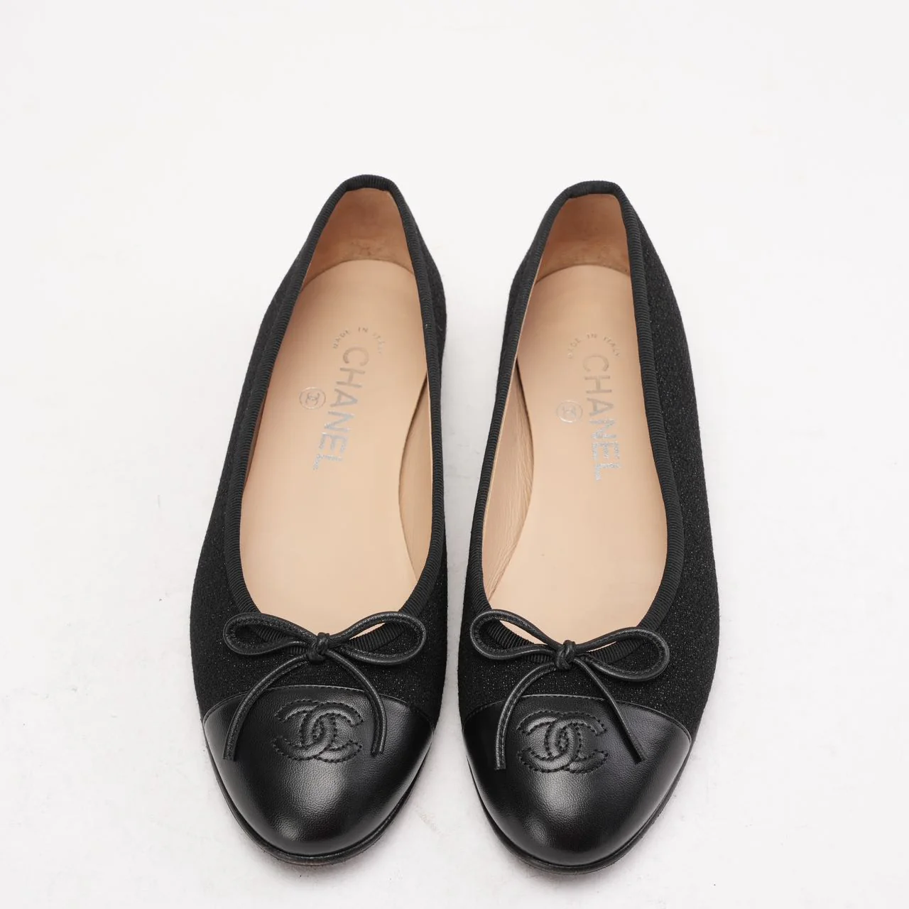 Chanel CC Black Suede and Patent Leather Ballet Flat 38C