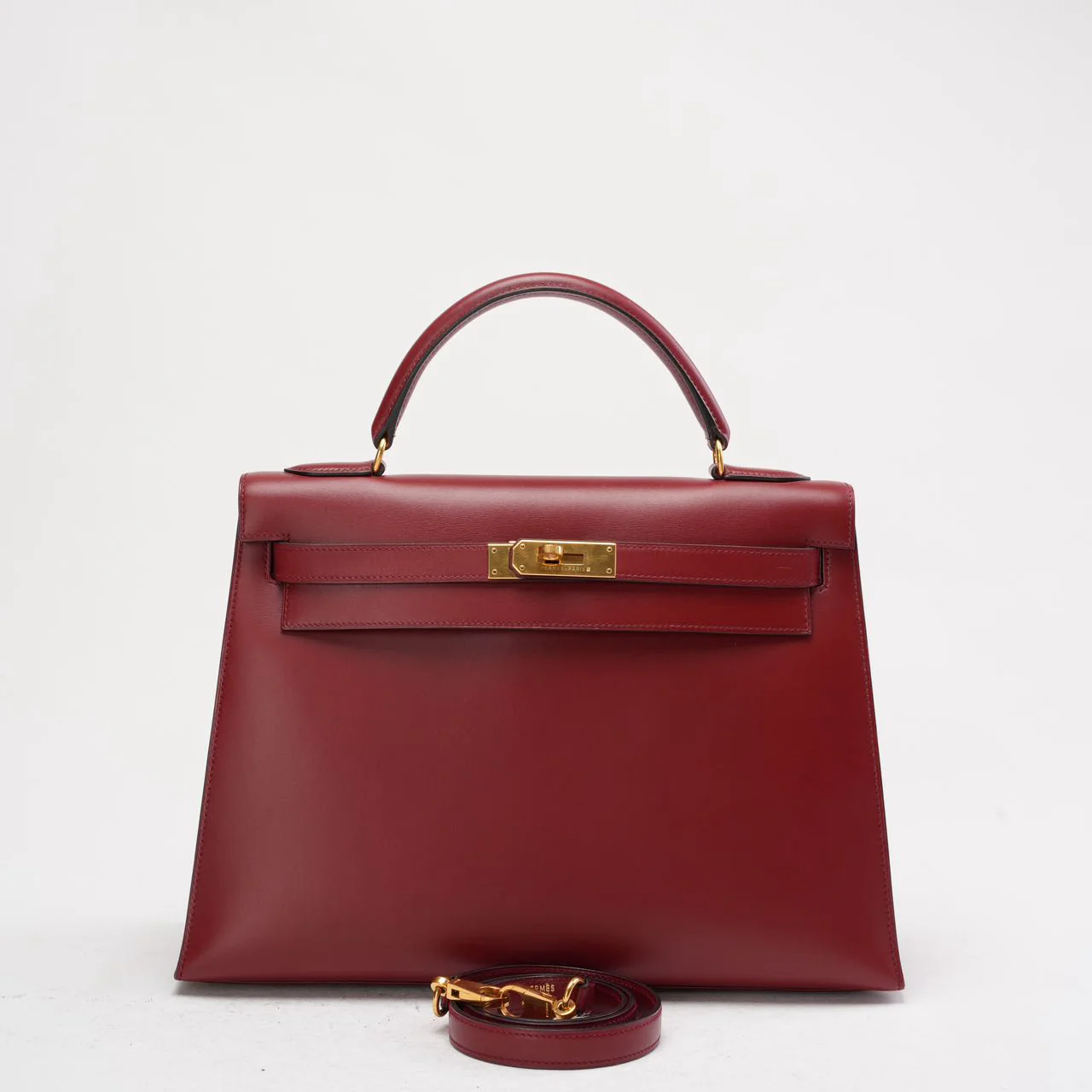 Hermès Vintage Kelly 32 Sellier Box-Leder Burgunder