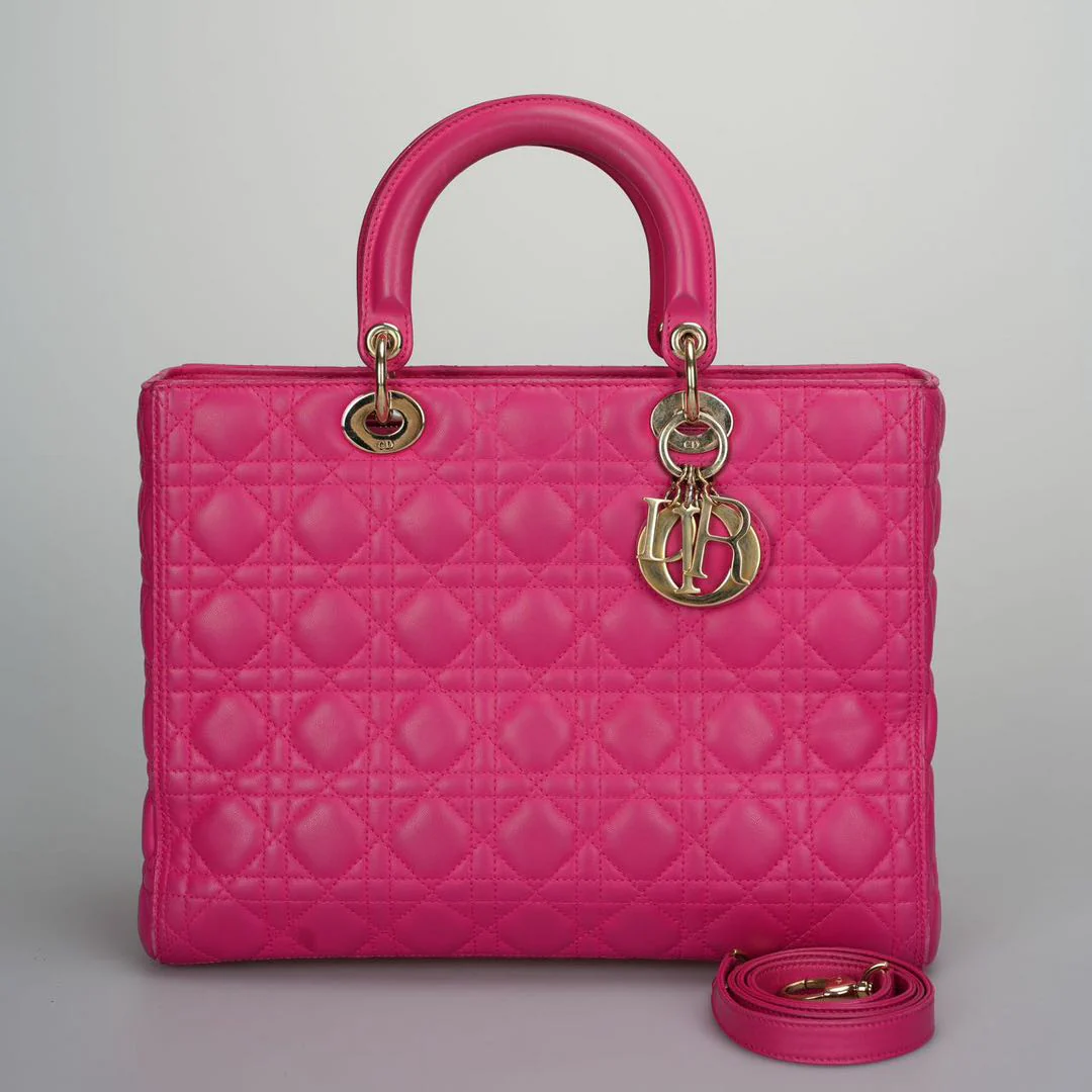 used-Christian Dior Pink Large Lambskin Cannage Lady Dior with Gold Hardware-MILOURA